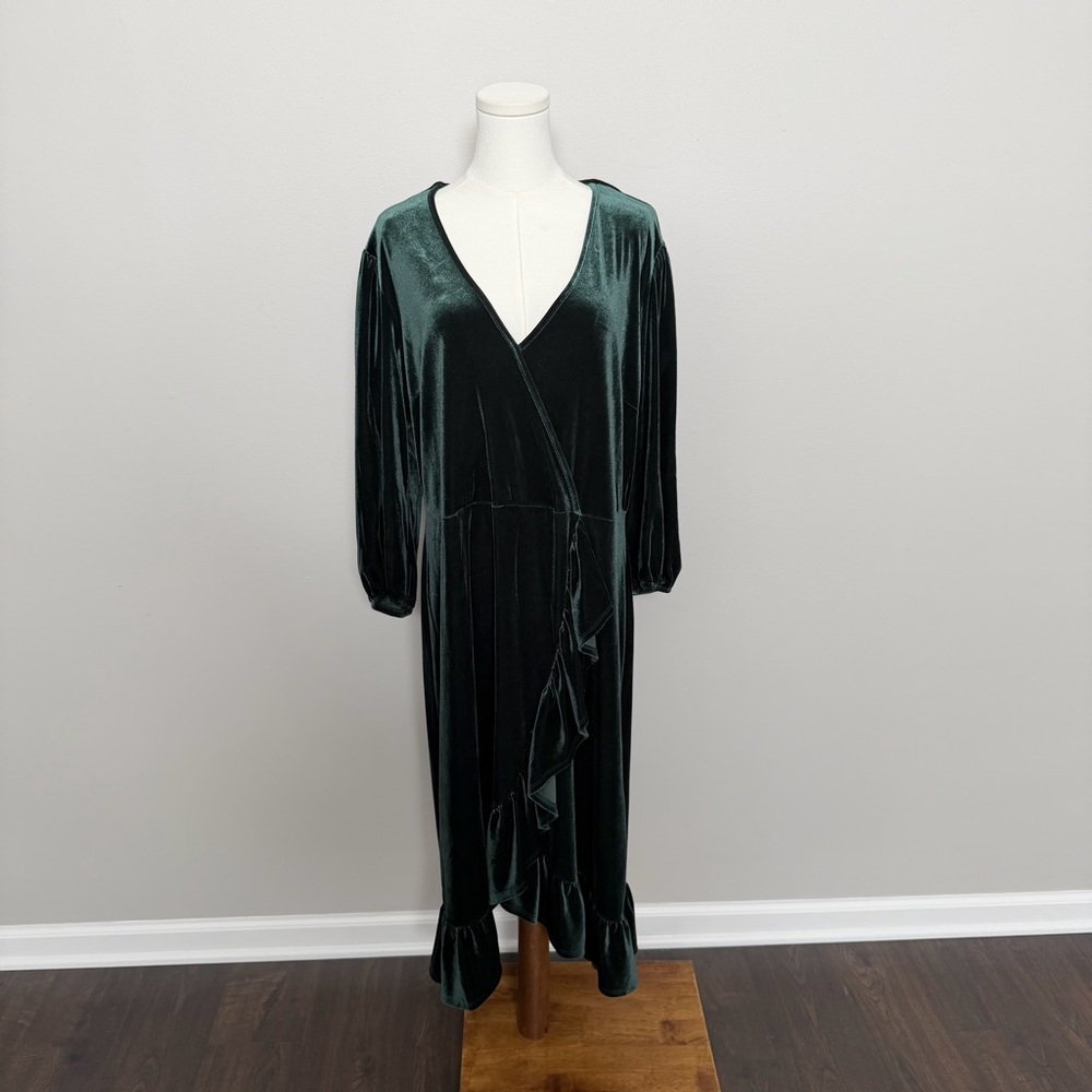 Cato Midi Dress Velour Ruffle Faux Wrap Party Cocktail Wedding Emerald Green